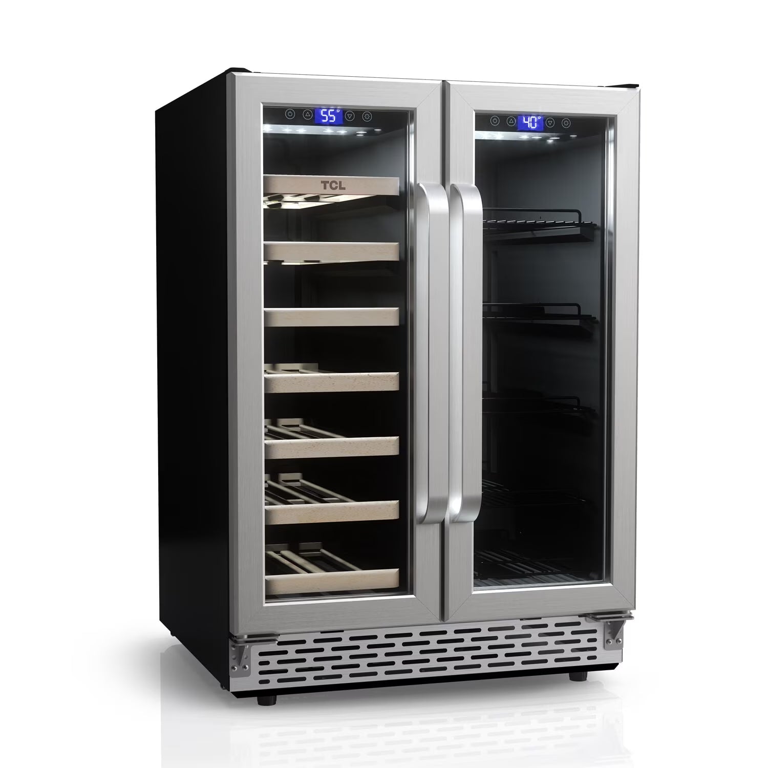 Stainless Steel Double Door 20 Bottle 78 Can Dual Zone Wine & Beverage Cooler, 5.3 Cu. Ft.