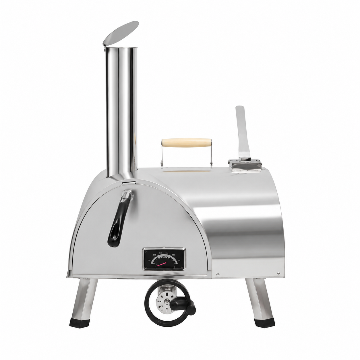 12In Portable Silver Wood-Fired Outdoor Pizza Oven, Includes a Baking Tray, Grill, and Various Accessories.