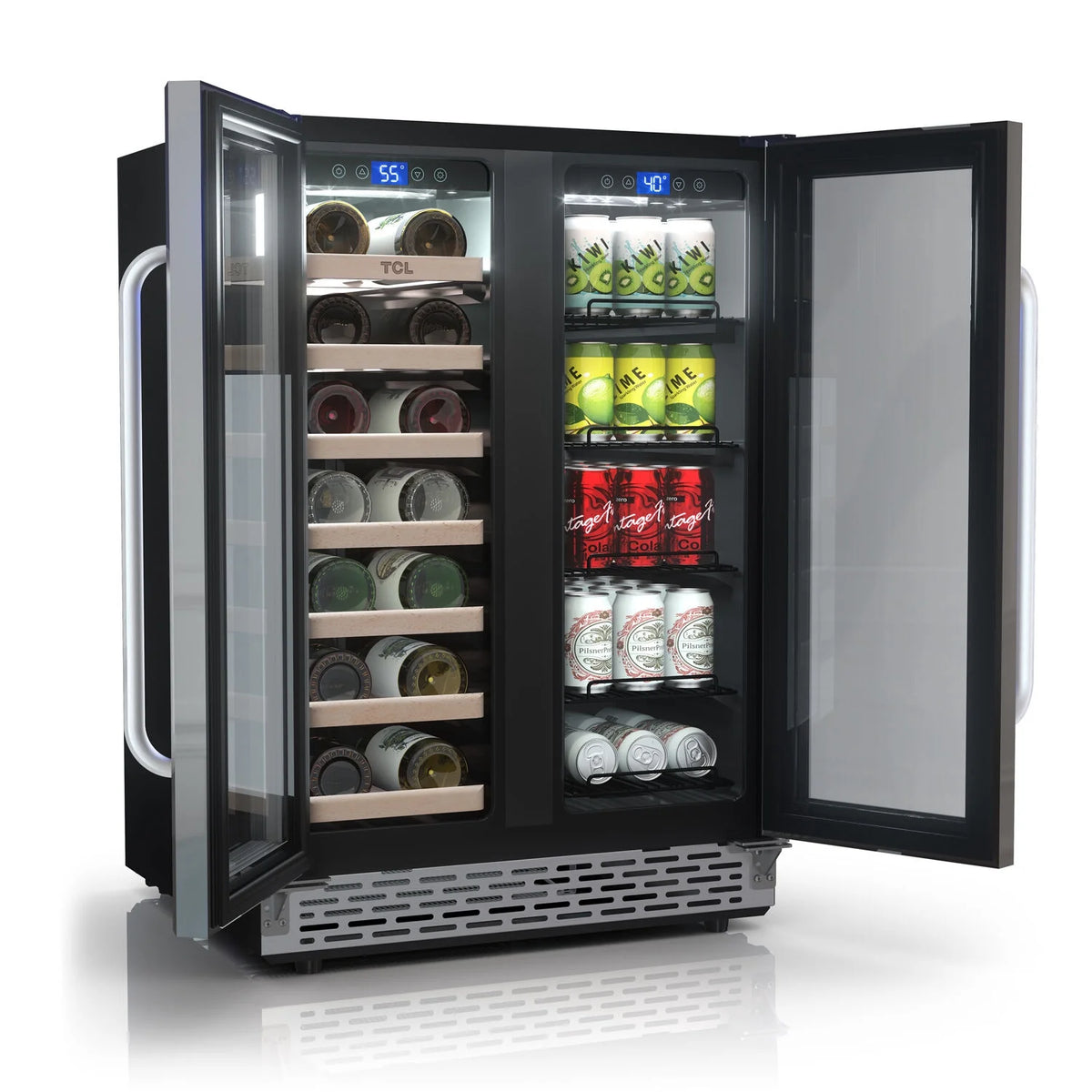 Stainless Steel Double Door 20 Bottle 78 Can Dual Zone Wine & Beverage Cooler, 5.3 Cu. Ft.