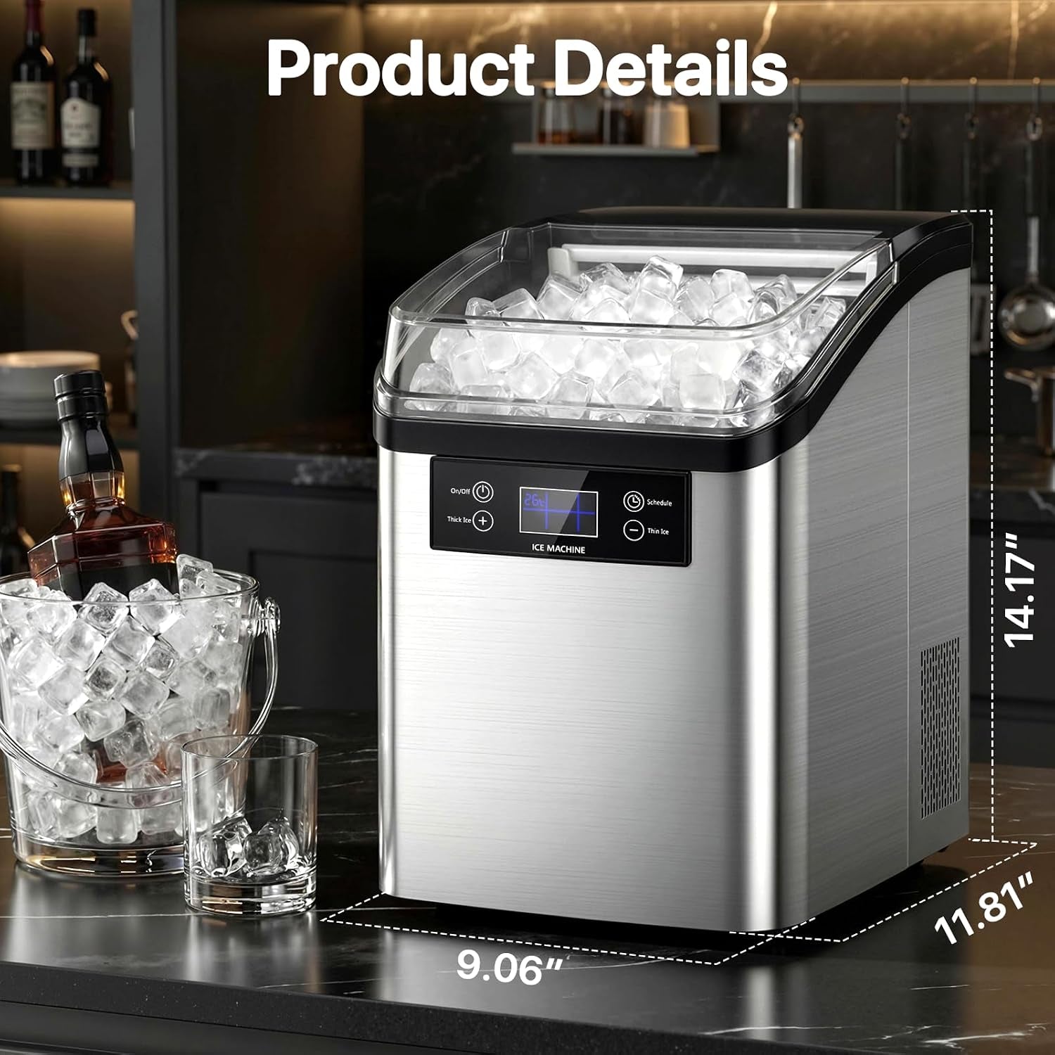 Nugget Ice Makers Countertop,44Lbs in 24Hrs, 9 Ice Cubes Ready in 6 Mins 9 Sizes,Auto-Cleaning Ice Makers Portable Ice Machine for Home Kitchen Office Party & Large Families