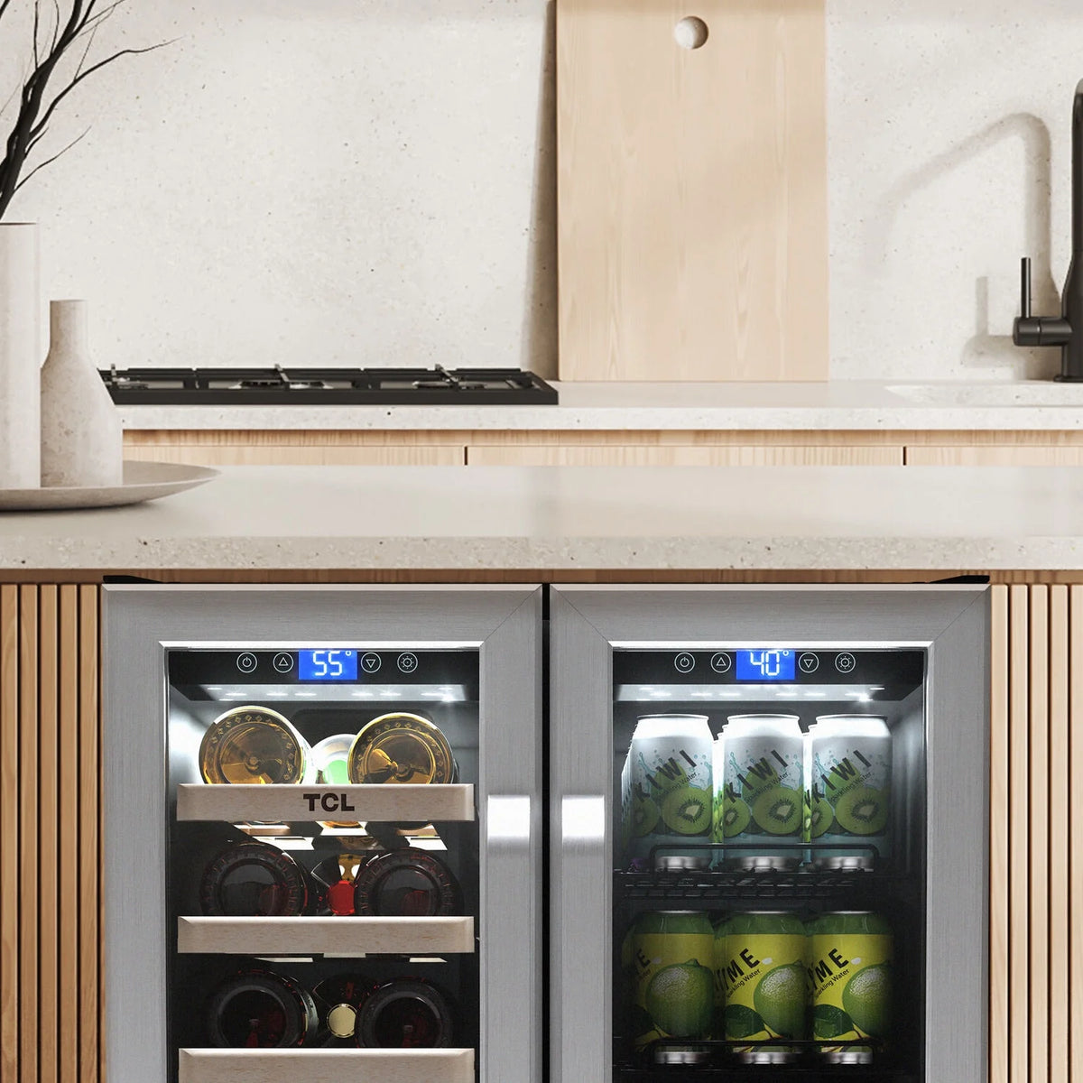 Stainless Steel Double Door 20 Bottle 78 Can Dual Zone Wine & Beverage Cooler, 5.3 Cu. Ft.