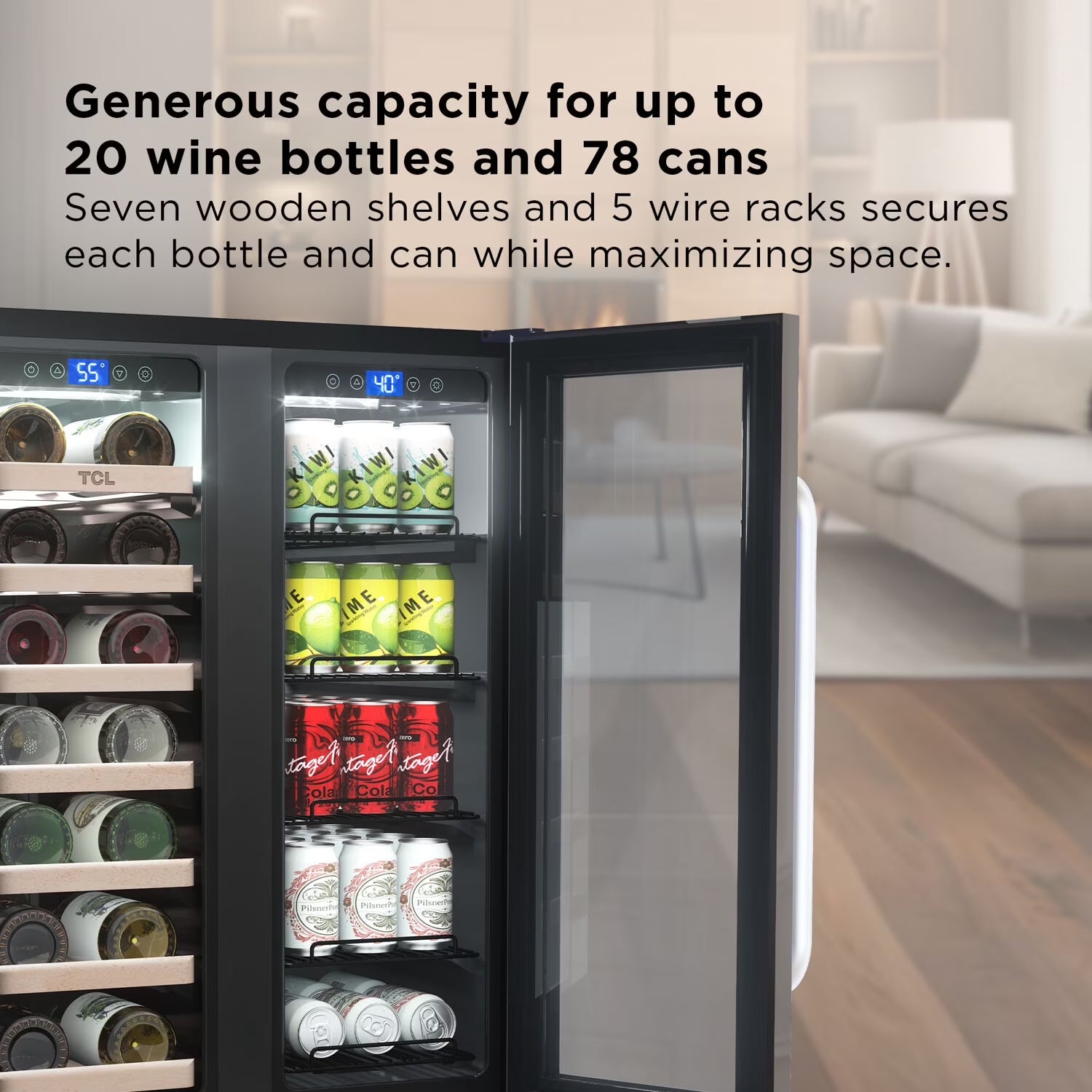 Stainless Steel Double Door 20 Bottle 78 Can Dual Zone Wine & Beverage Cooler, 5.3 Cu. Ft.
