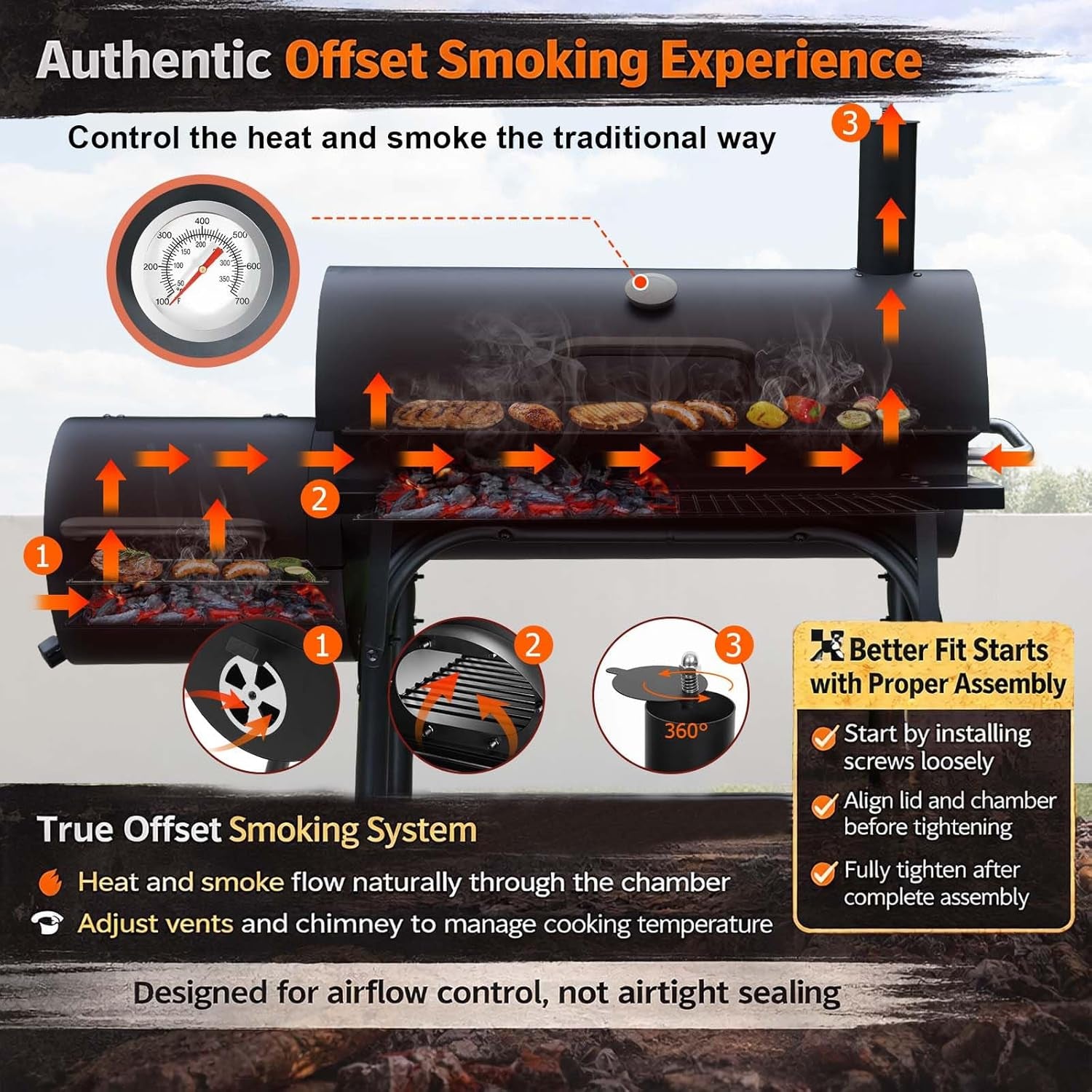 Charcoal Grills with Offest Smokers: Spacious Barrel Charcoal BBQ Grill | Barbecue Smoker Grill Combo for Outdoor Backyard Patio Camping Picnic and Party