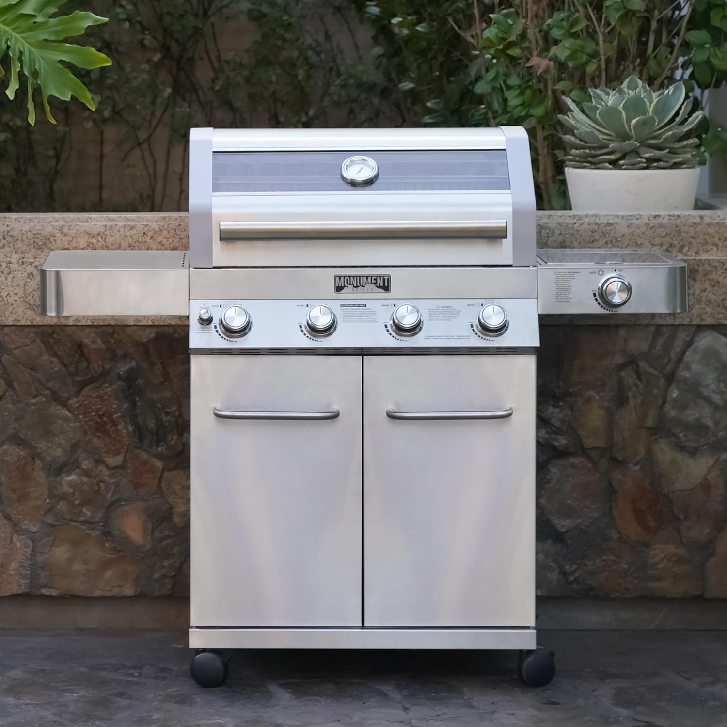 Larger Convertible 4 Burner Natural Gas Grill Stainless Steel Cabinet Style Propane Grills, LED Controls,Side Burner(Without Conversion Kit)