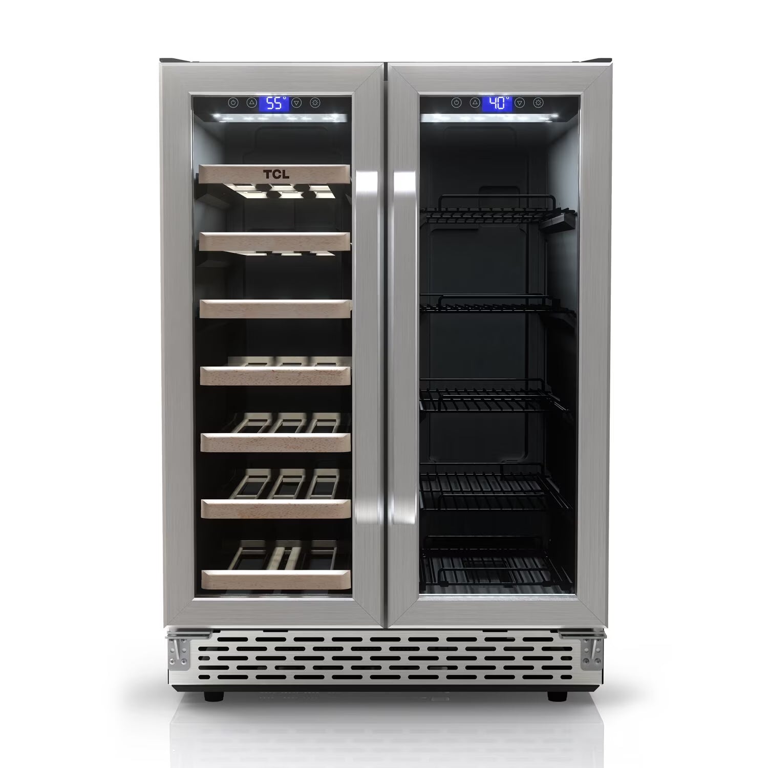 Stainless Steel Double Door 20 Bottle 78 Can Dual Zone Wine & Beverage Cooler, 5.3 Cu. Ft.
