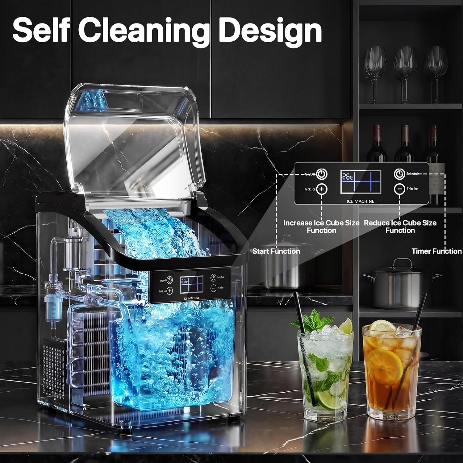 Nugget Ice Makers Countertop,44Lbs in 24Hrs, 9 Ice Cubes Ready in 6 Mins 9 Sizes,Auto-Cleaning Ice Makers Portable Ice Machine for Home Kitchen Office Party & Large Families