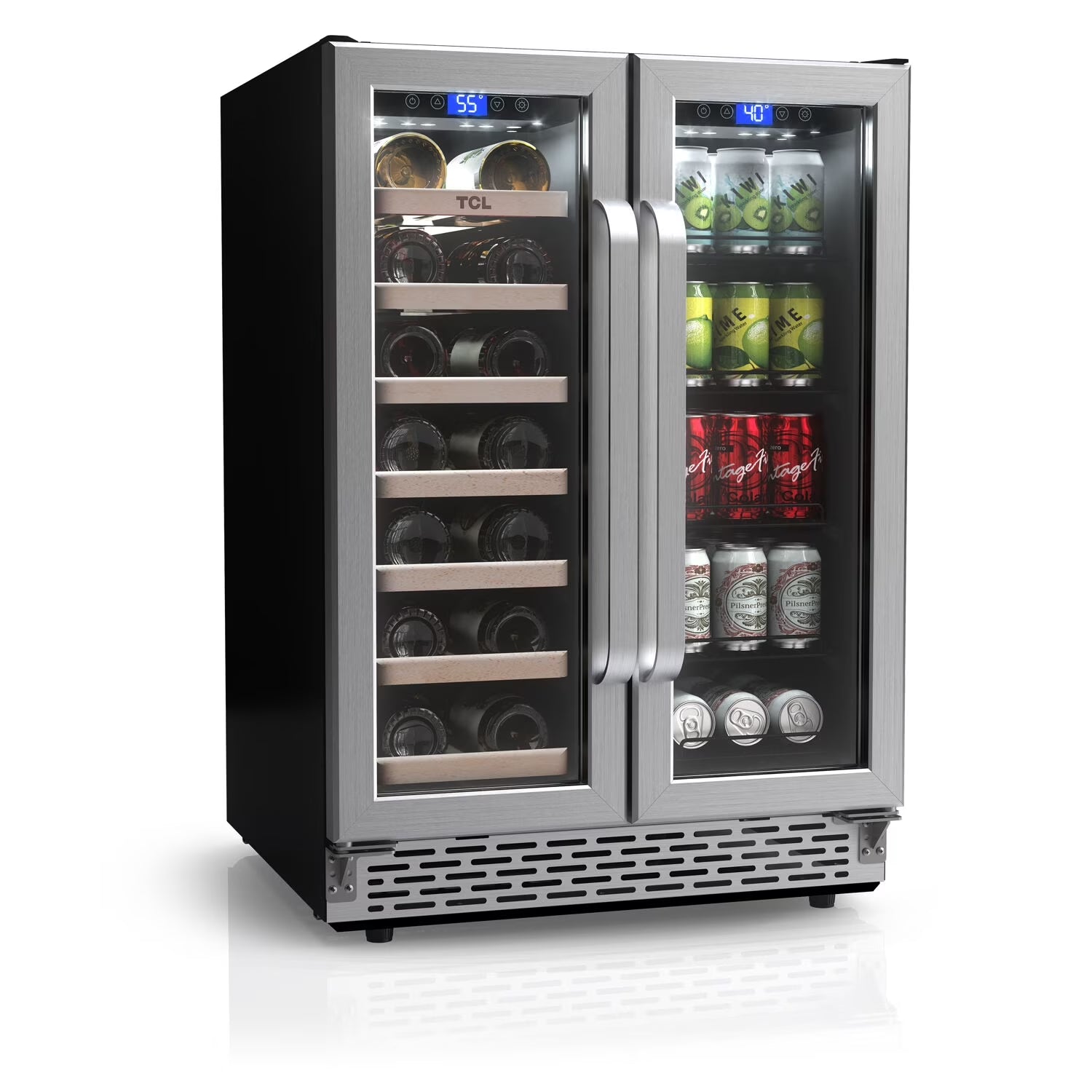 Stainless Steel Double Door 20 Bottle 78 Can Dual Zone Wine & Beverage Cooler, 5.3 Cu. Ft.