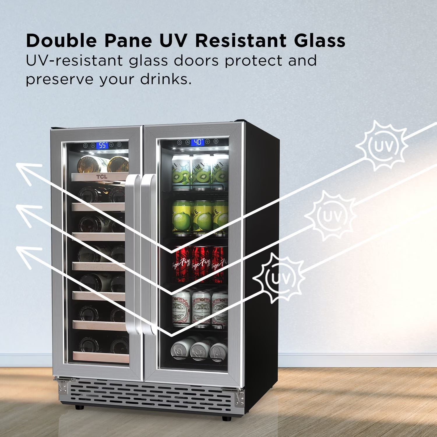 Stainless Steel Double Door 20 Bottle 78 Can Dual Zone Wine & Beverage Cooler, 5.3 Cu. Ft.