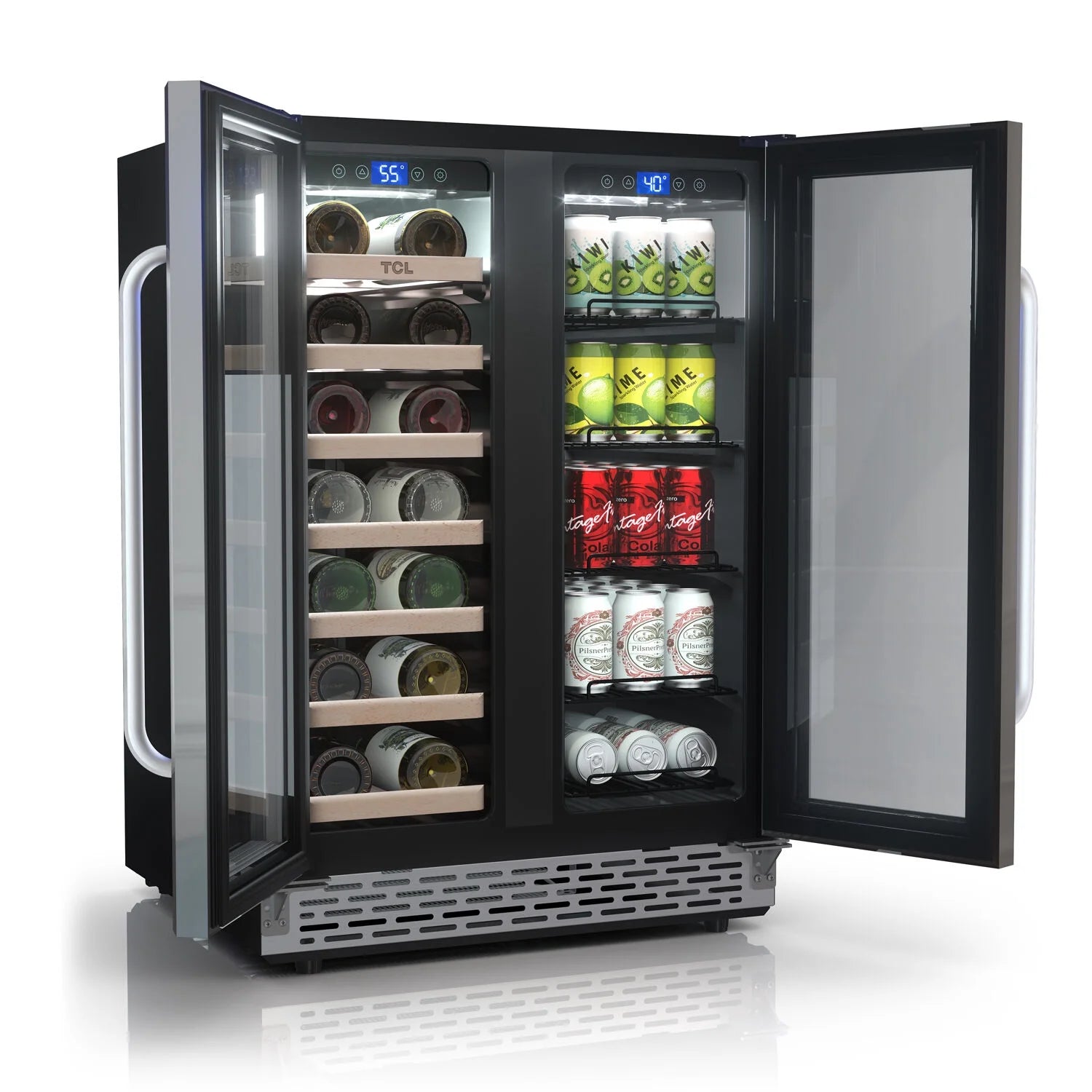 Stainless Steel Double Door 20 Bottle 78 Can Dual Zone Wine & Beverage Cooler, 5.3 Cu. Ft.