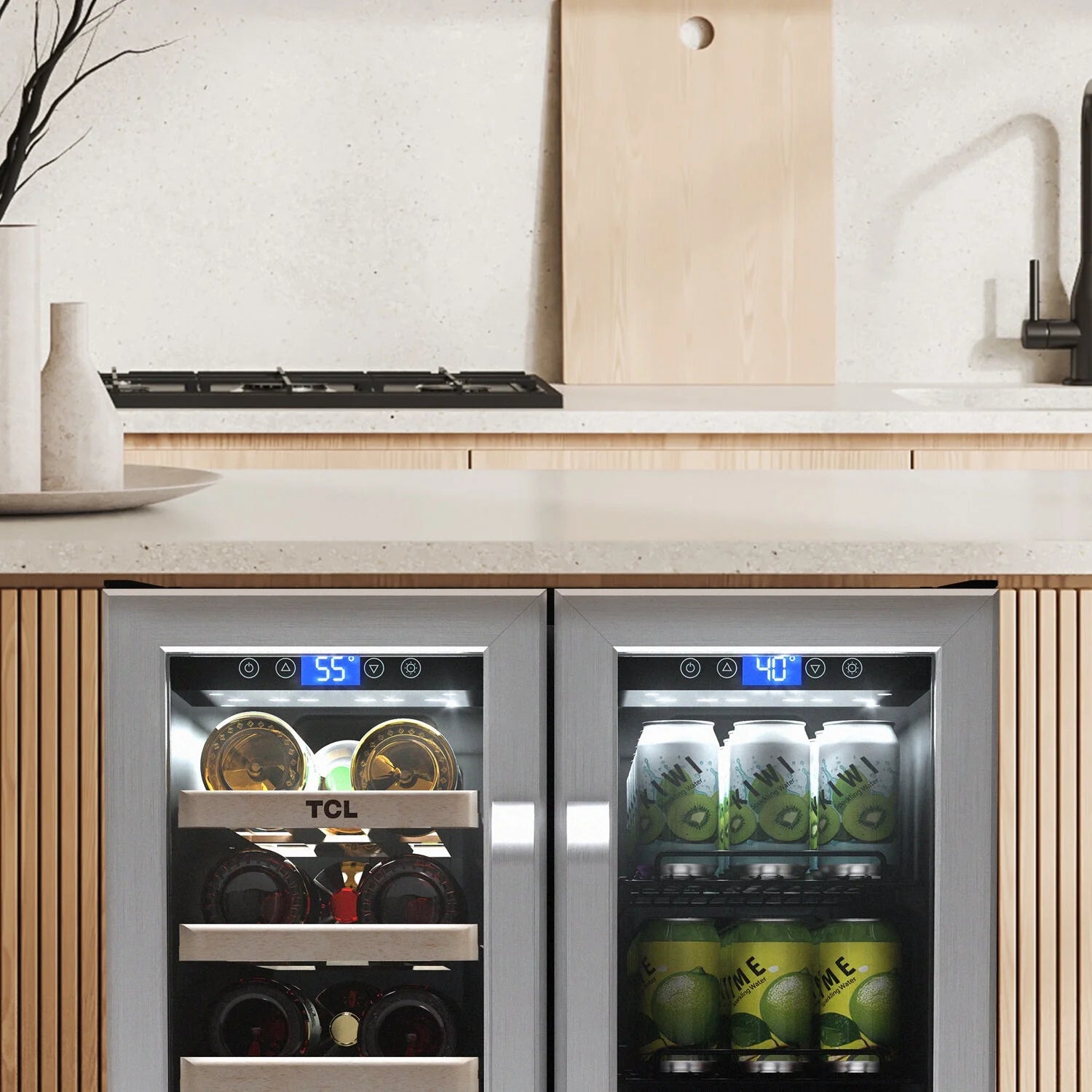 Stainless Steel Double Door 20 Bottle 78 Can Dual Zone Wine & Beverage Cooler, 5.3 Cu. Ft.
